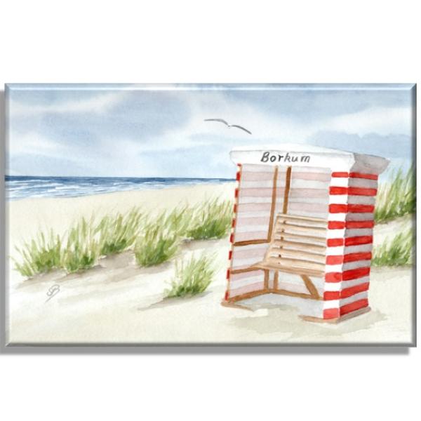 Leinwand 40 x 30 cm Keilrahmen Canvas-Leinen Aquarell Maritim Kunst Druck Kunstdruck Nordsee Insel Borkum Strandzelt Zelt Strandkorb Strand Meer Dünen